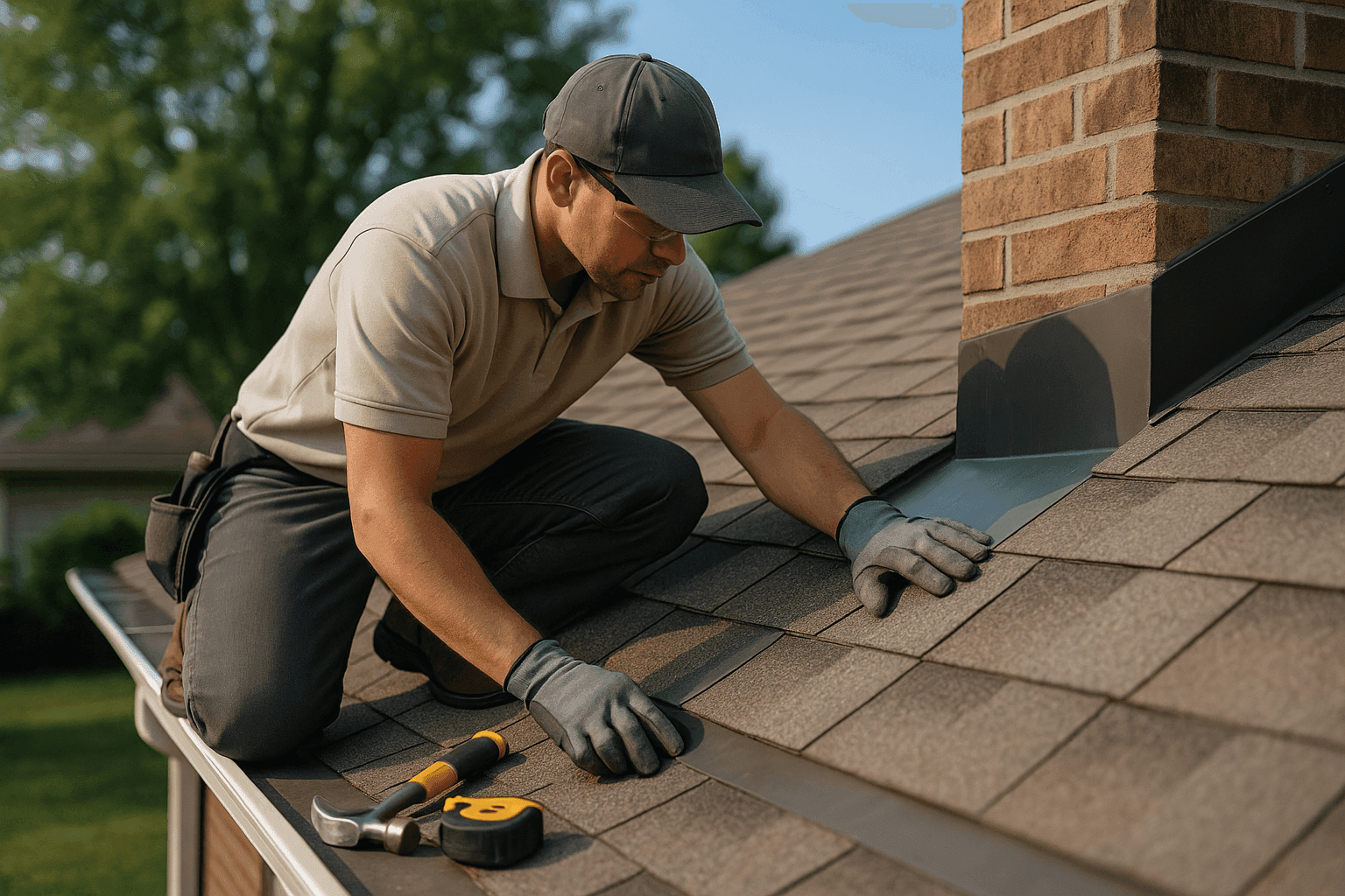 Professional roofer inspecting shingles and flashing on a residential roof