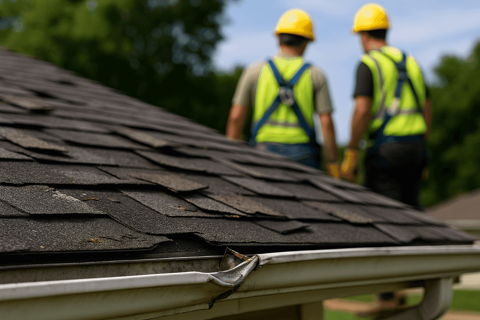 Close-up of a roof with lifted and missing shingles after a storm