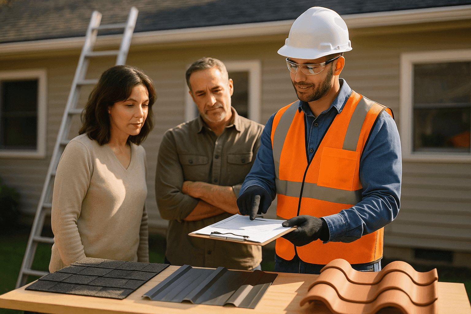 Contractor reviewing a roof replacement estimate with homeowners over blueprint