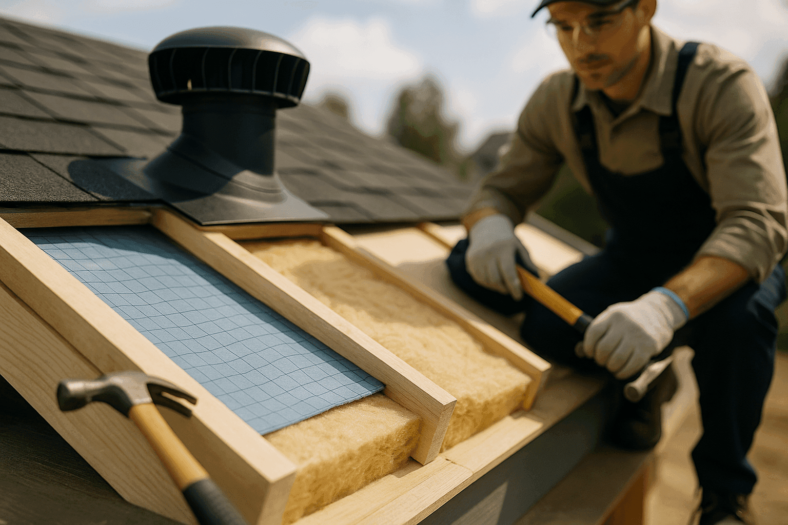 Roof ventilation system with insulation layers installed under roofing material